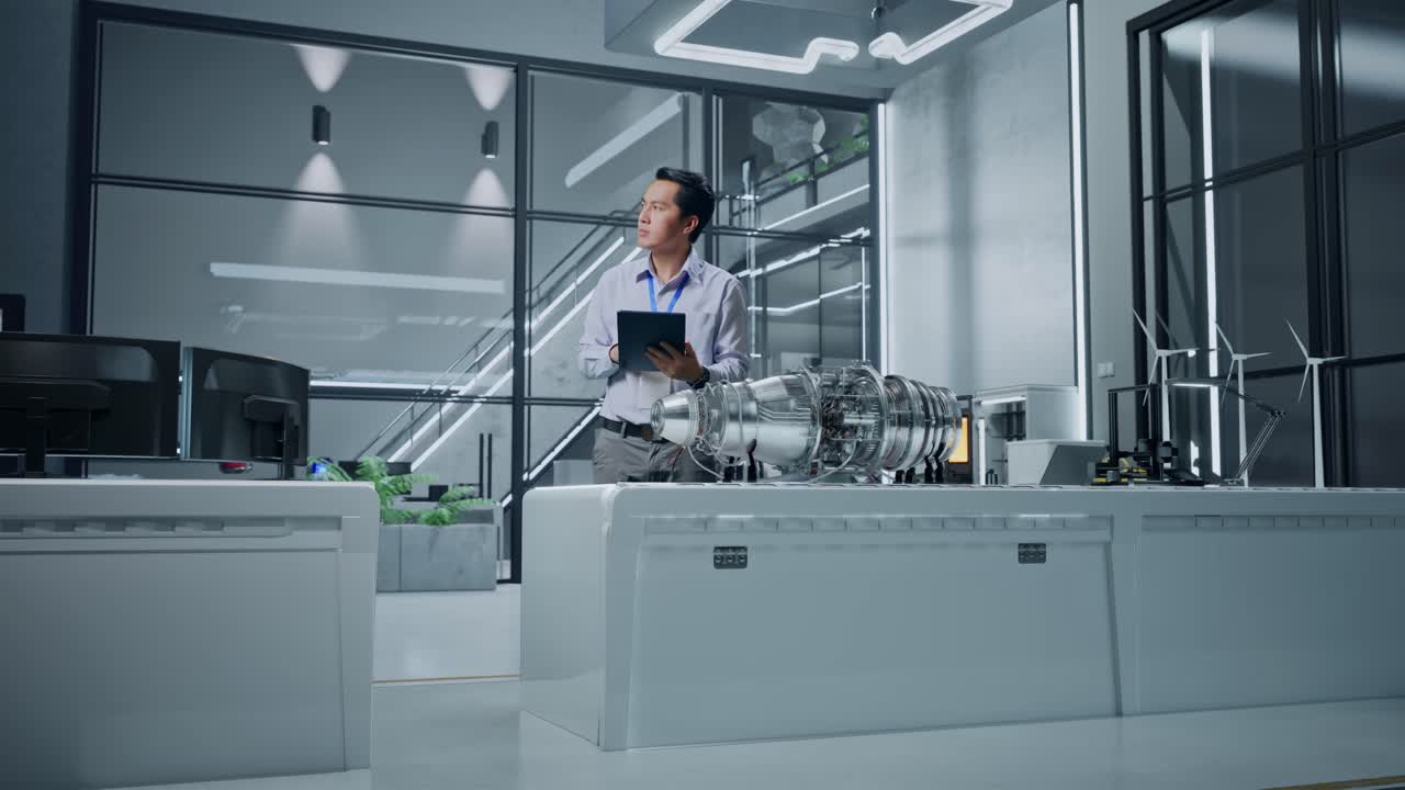 ingeniero revisando el diseño del motor a reacción en una sala de control moderna.