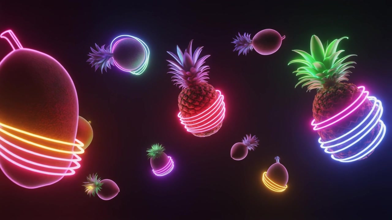 Frutti tropicali fluttuanti con anelli al neon luminosi nello spazio oscuro