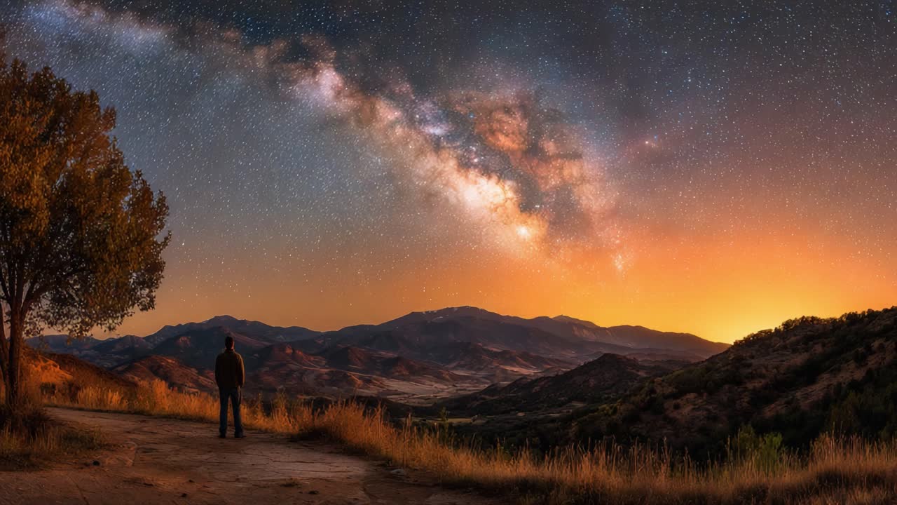 Uma vista de tirar o fôlego da Via Láctea: uma figura solitária admirada em meio à paisagem majestosa sob um céu estrelado ao anoitecer