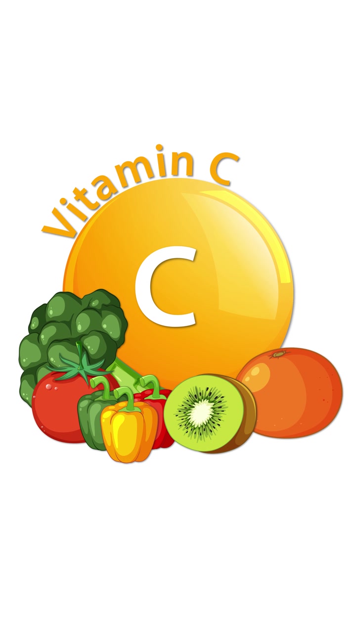 Un'icona lucida di compressa di vitamina C si anima mentre frutti e verdure appaiono intorno ad essa, inclusi broccoli, pomodoro, arancia, kiwi, peperone e fragola, su uno sfondo bianco pulito