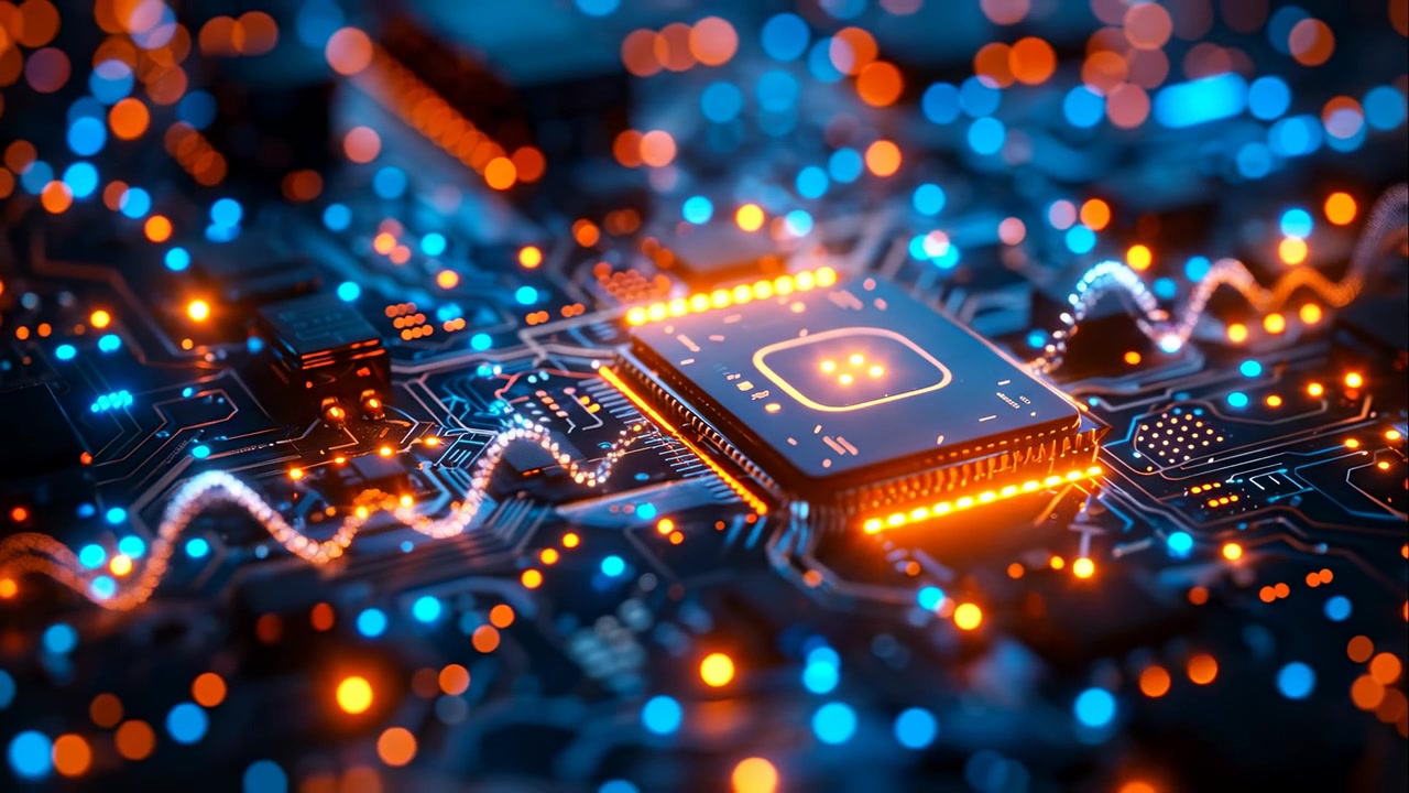 Close up of glowing microchip on electronic circuit board. Detailed view of a central processing unit with orange light on a blue circuit board.