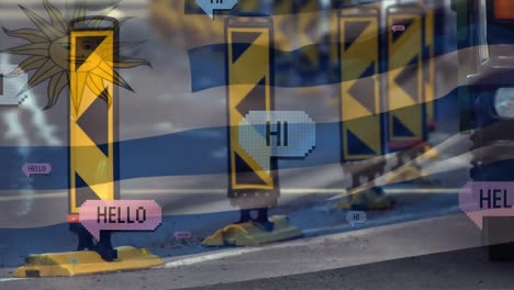 Animation-Der-Flagge-Uruguays,-Die-über-Verkehrsschilder-Weht,-Und-Web-Chat-In-Sprechblasen