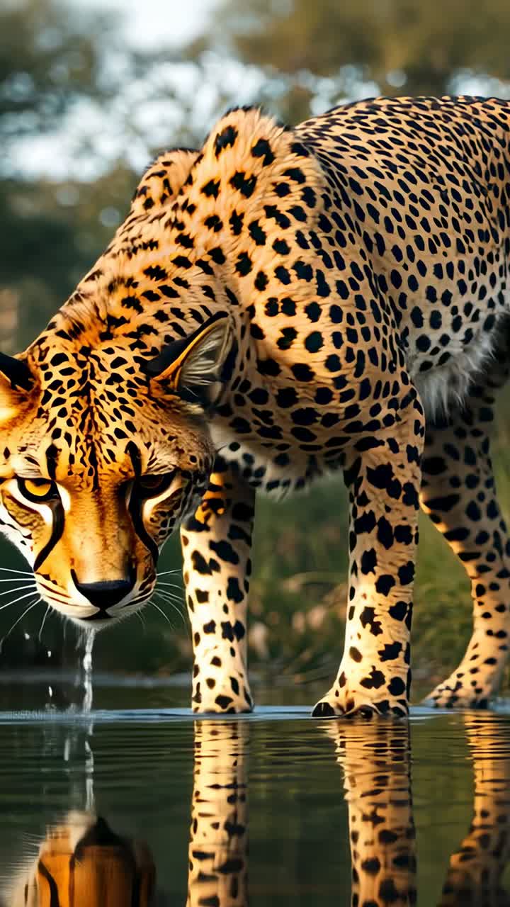Vertical video: Lowering cheetah lapping water at shallow pond, thirst driving drops and reflection