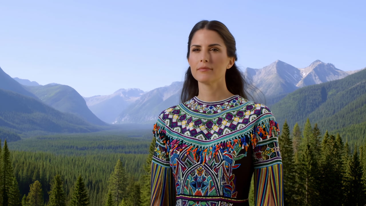 Woman In Patterned Dress Before Mountain Valley And Pine Forest, Calm Gaze And Steady Posture, Artisanal