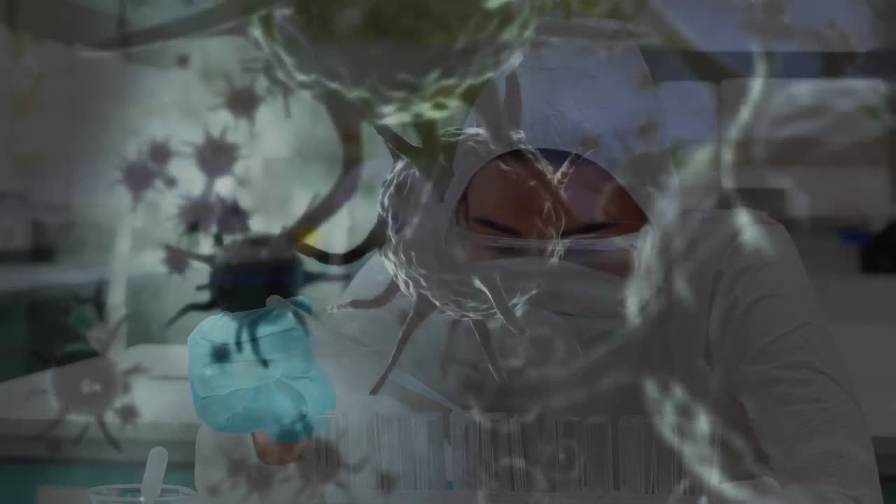 보호 마스크를 착용한 사람에게 퍼지는 매크로 코로나바이러스 코로나19 세포의 애니메이션