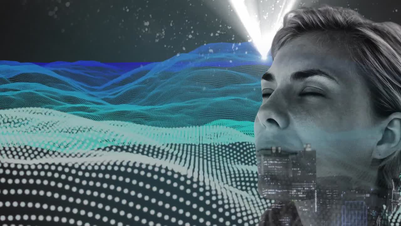 manchas rojas sobre mujer caucásica con los ojos cerrados contra las ondas digitales y mancha de luz