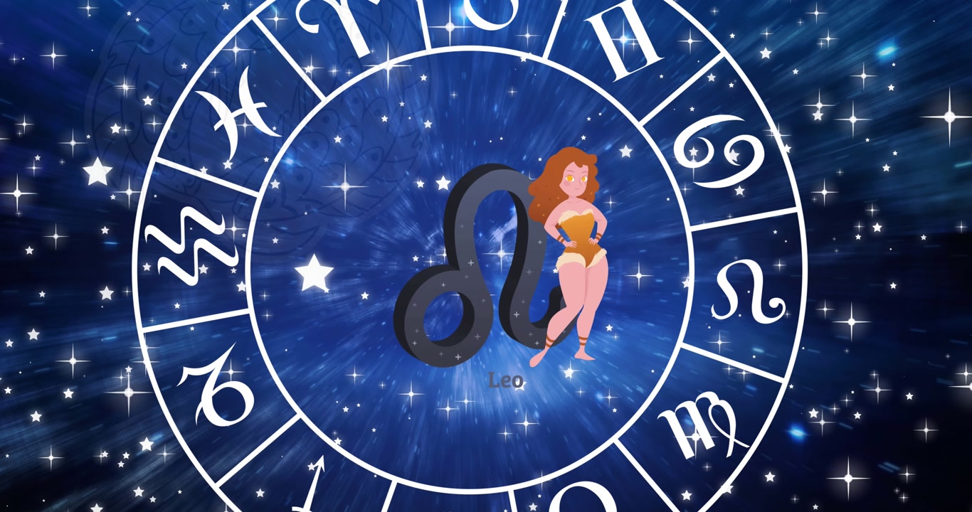 Animazione di simboli zodiacali su stelle su sfondo blu.