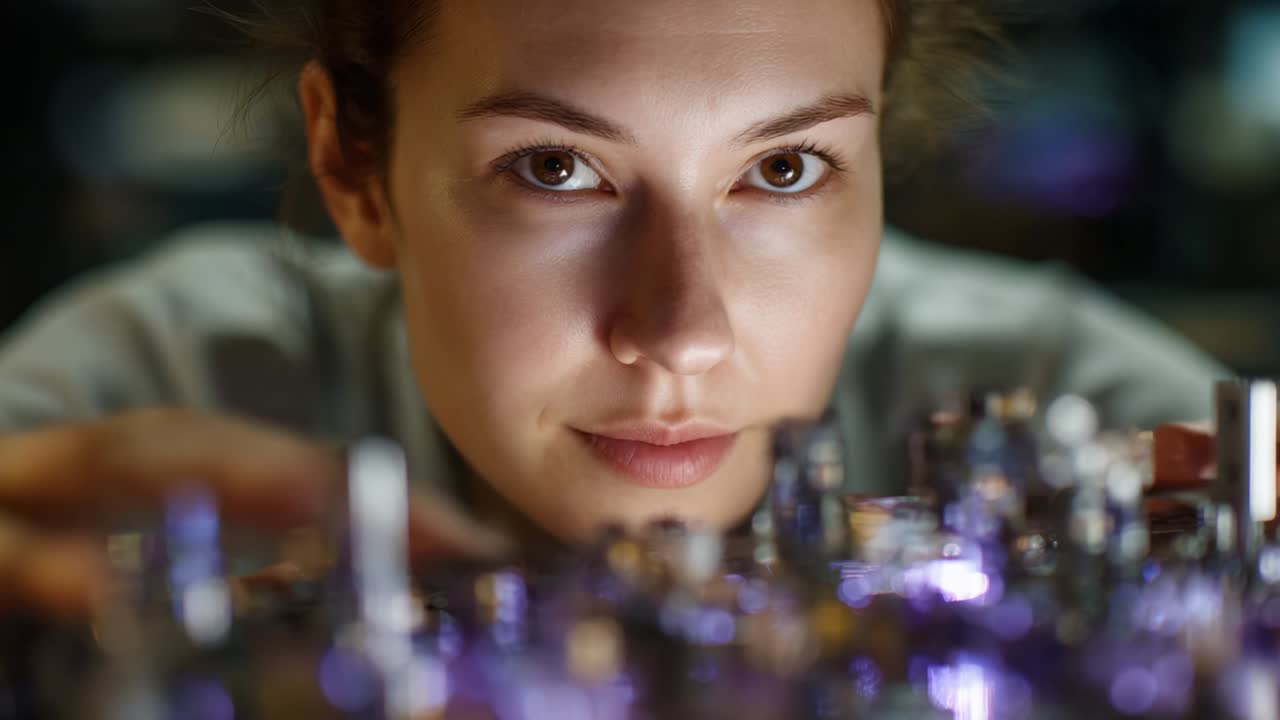Focused Observer Analyzes Intricate Vials of Liquids and Gels in a Dimly Lit Laboratory, Showcasing Her Intense Concentration and Precision in Scientific Experimentation and Research