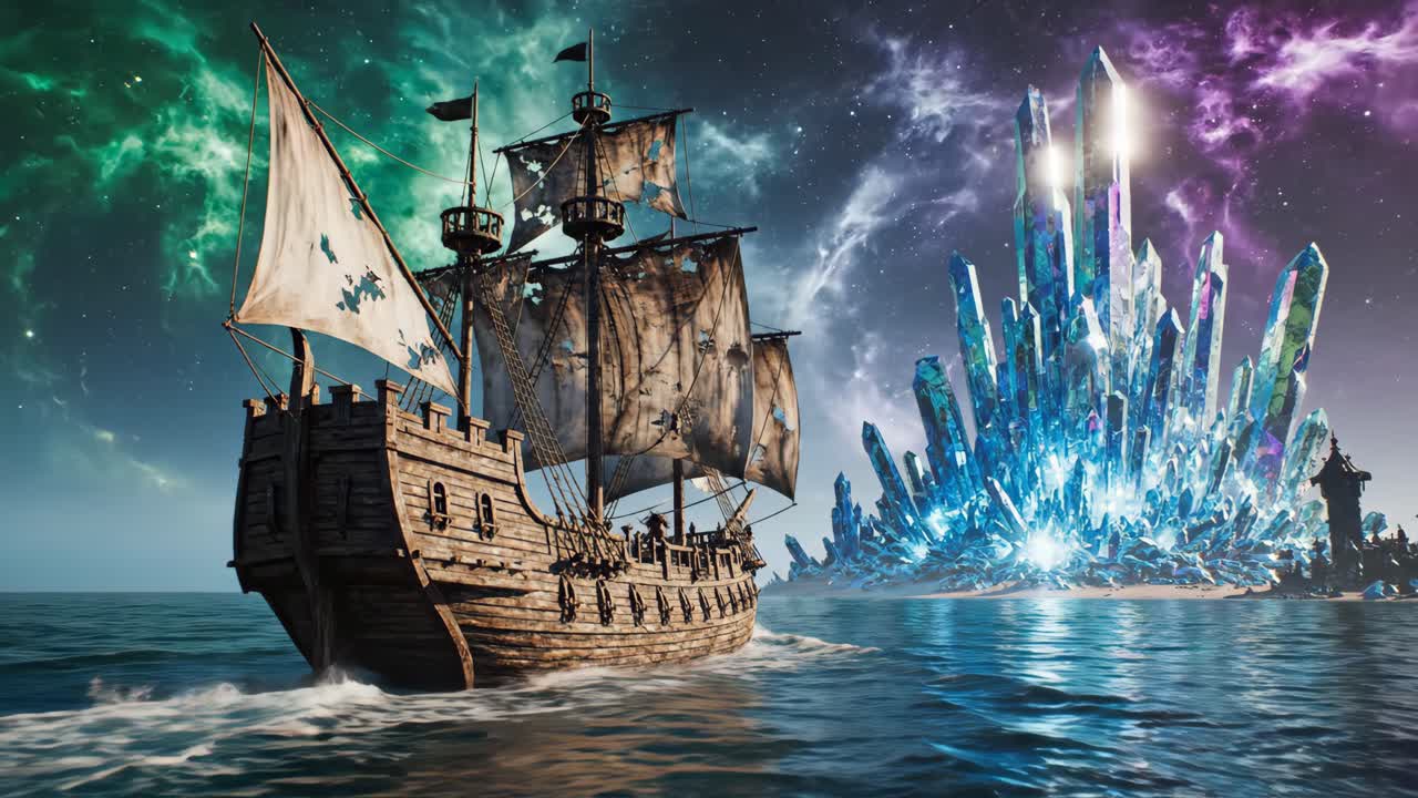Pirate Ship Sailing Towards Crystal Island