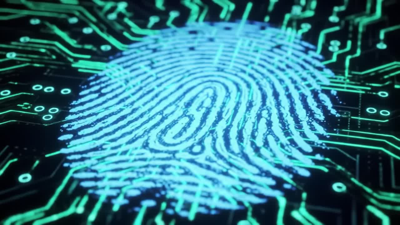 A close look at the intricate details of a fingerprint design overlaid on a circuit board, emphasizing the blend of personal identification and modern technology in security systems.
