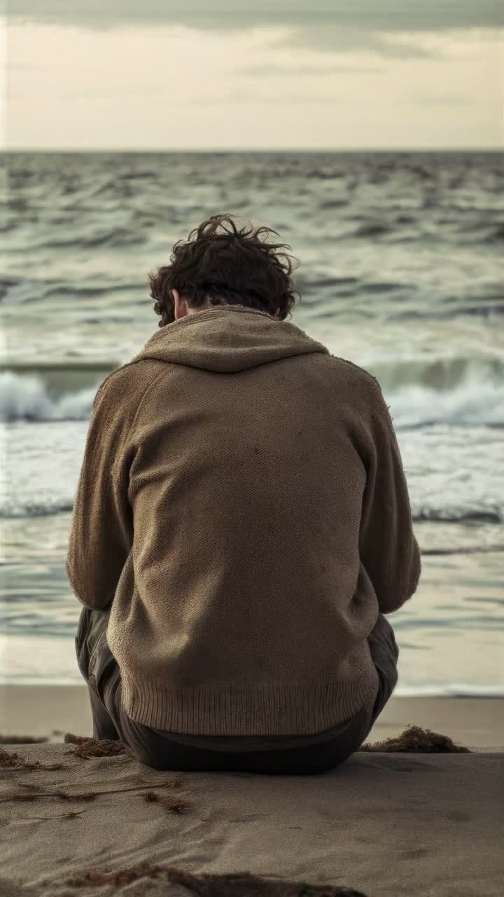 A contemplative video scene of a person sitting on a beach, viewed from behind at a low angle