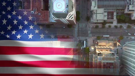 Top-down-aerial-of-Los-Angeles-city,-split-with-USA-flag---3d-render-animation