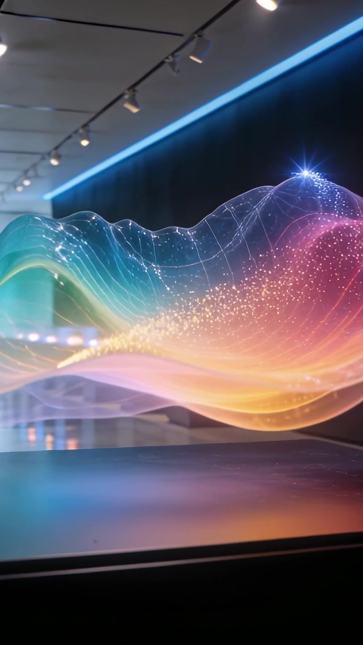 Video verticale: Scultura a onda luminosa e multicolore che fluttua sopra un piedistallo scuro in una galleria.