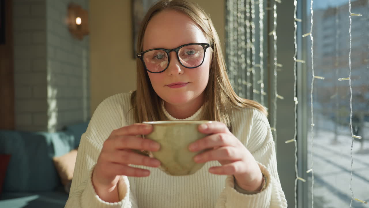 Young woman in white sweater holding ceramic mug while sitting by large window decorated with string lights, bright winter sunlight shines through glass with snowy street visible in soft background