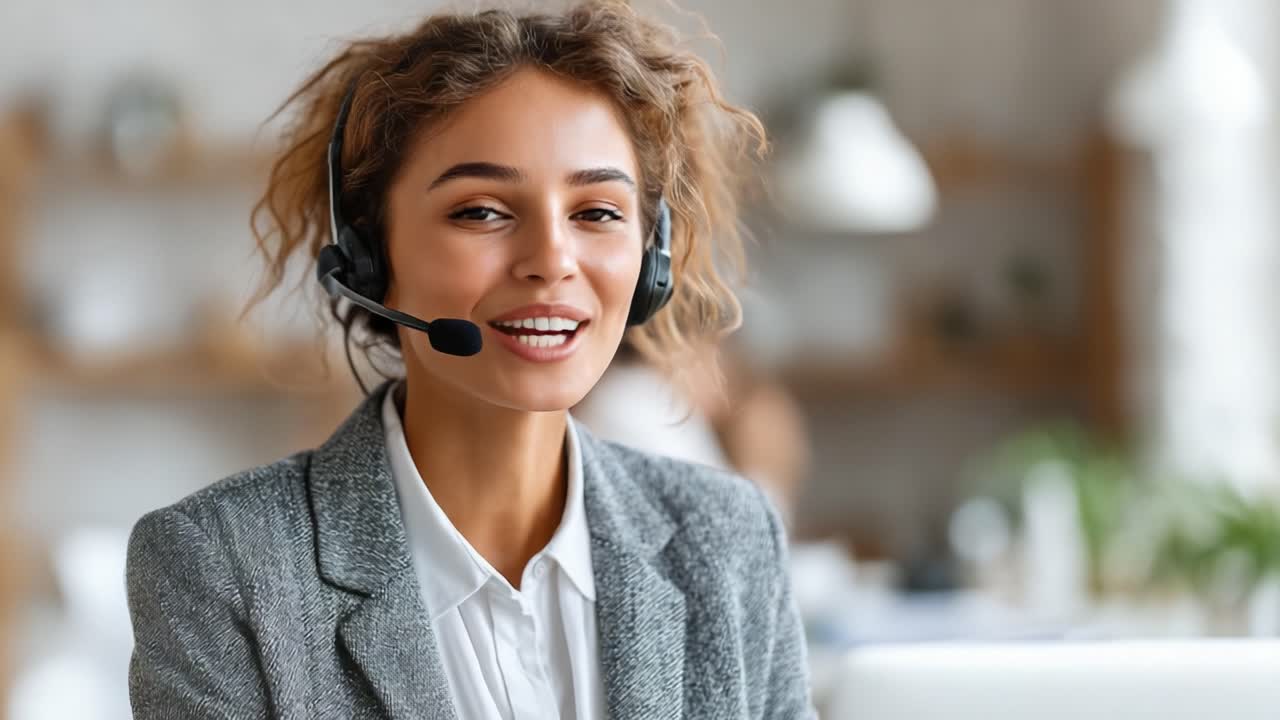 Smiling Customer Service Representative with Headset in Modern Office Setting, Capturing the Essence of Professional Communication and Support