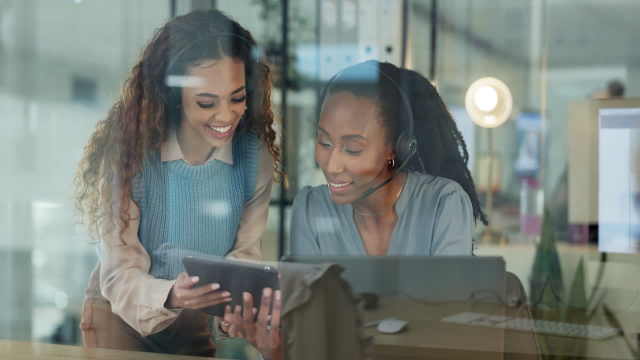 Teamwork, call center and women on computer