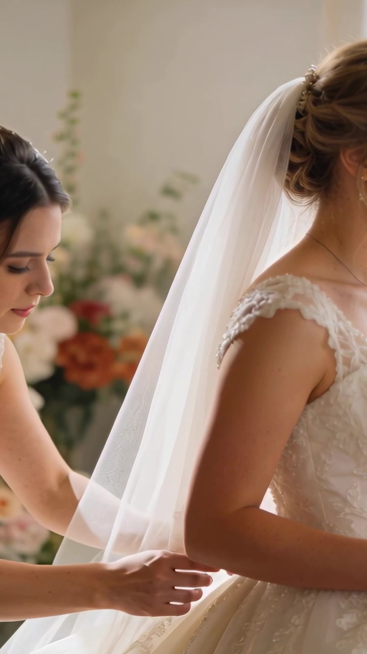Madrinha estendendo a mão para cima, ajustando o véu e alisando o vestido, com linhas animadas traçando o véu para o casamento.
