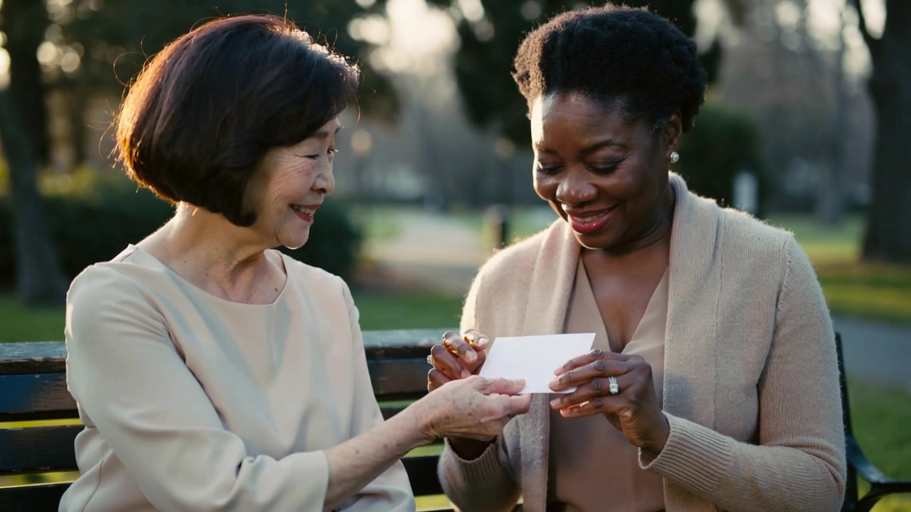 Extending left woman offering card at park bench, right woman taking pen, writing keepsake note