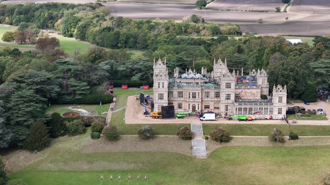 Grand Mentmore towers country house aerial view establishing majestic national trust grounds