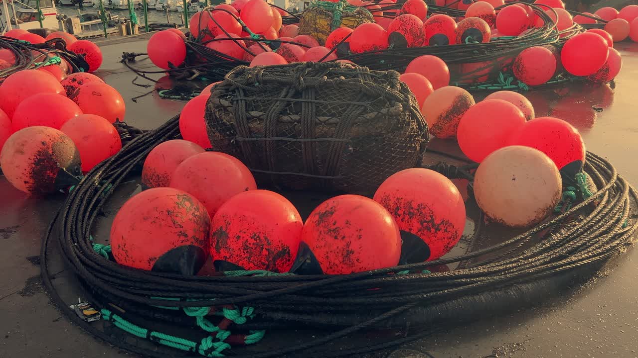 Cheerful red buoys adorn the quays of a scenic Spanish fishing village, securely anchored along the coastal pier, offering a peek into the allure of this snug harbor and its fishing populace