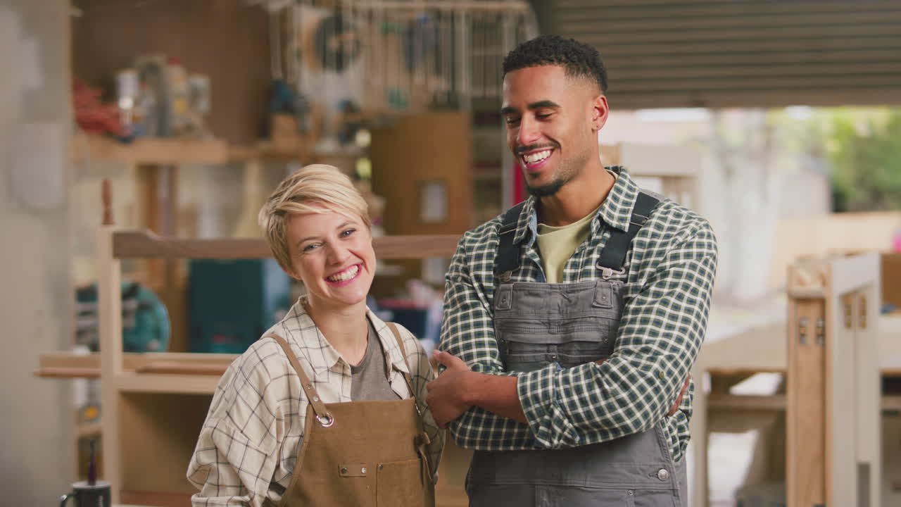 retrato de aprendices sonrientes masculinos y femeninos que trabajan como carpinteros en un taller de muebles