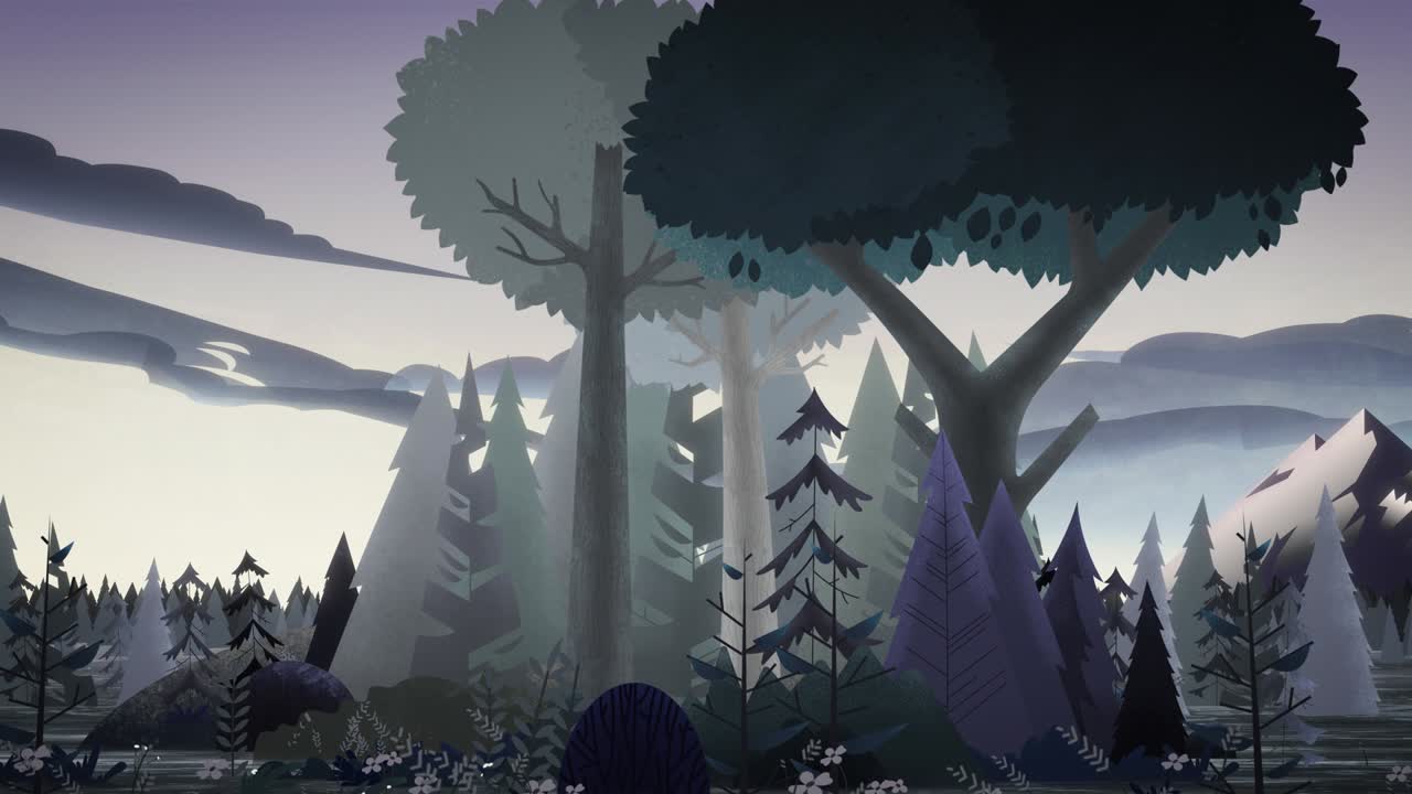 A group of trees sways in the wind with a mountain and clouds in the background. Monocromatic rainy day, noir pale colors.