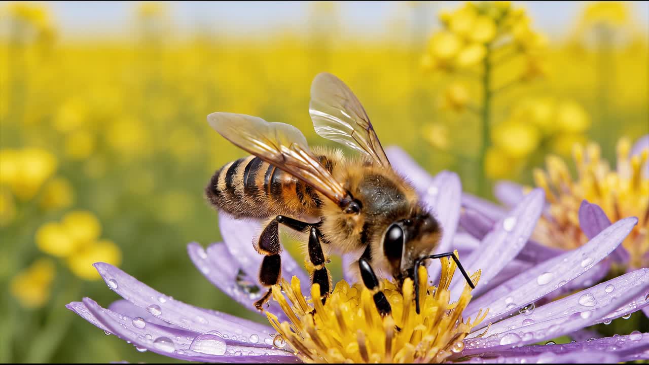 Macro close-up of honey bee collecting nectar on purple flower, yellow field background motion