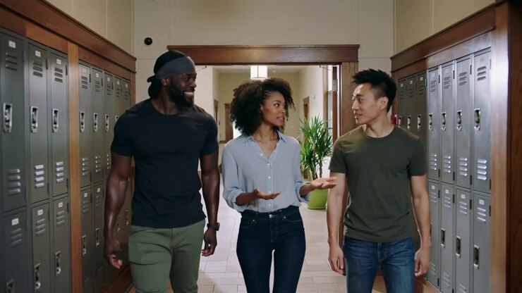 Entering doorway, three students heading to class down hall, woman in blue shirt gesturing, lockers