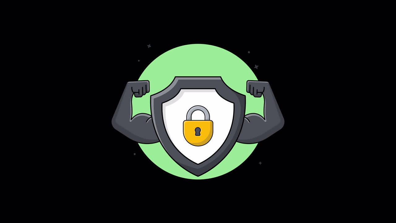 Animated Shield with Padlock and Flexing Muscular Arms