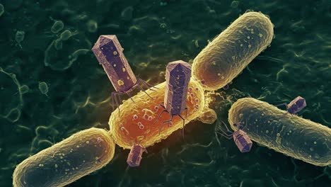 intricate interaction between bacteria and bacteriophages highlighted in electron microscopy, showcasing the complex dynamics of microbial life at a cellular level
