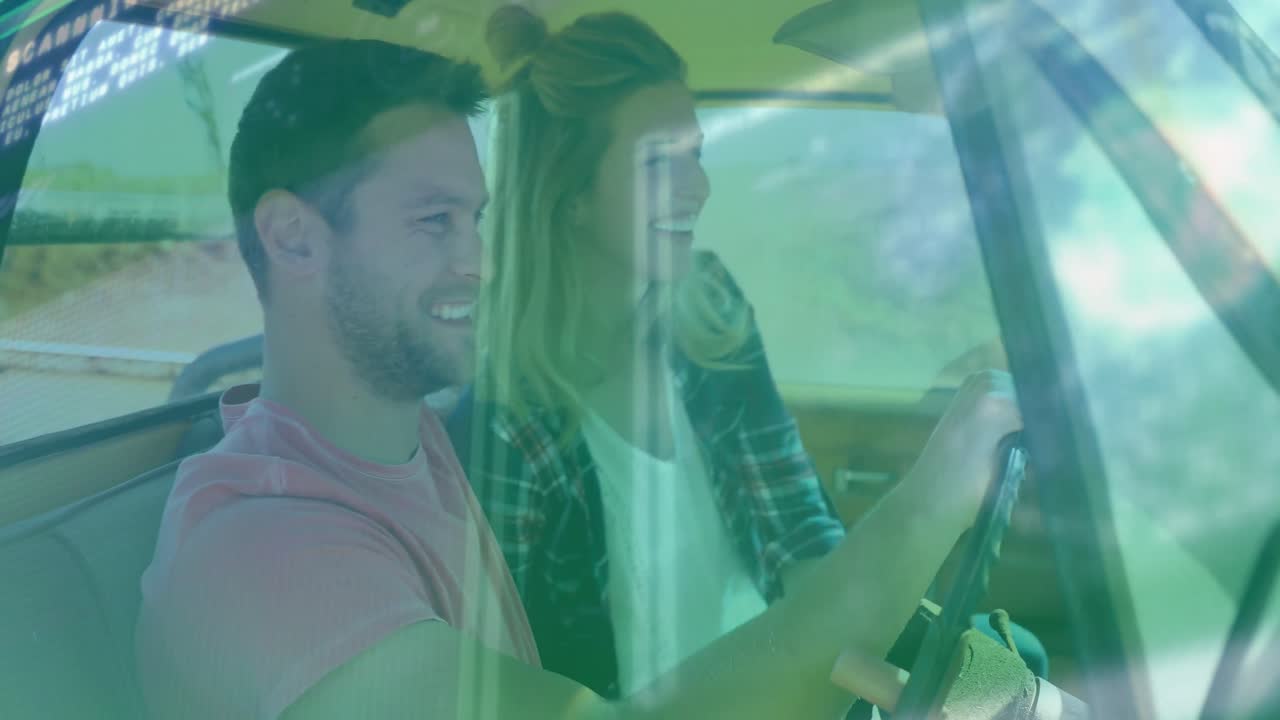 Animazione dell'elaborazione di dati digitali su due persone caucasiche in auto