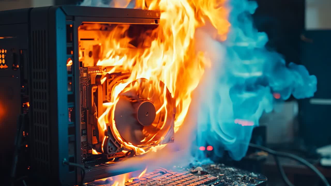 컴퓨터 케이스가 불타고 팬이 위에 있습니다.