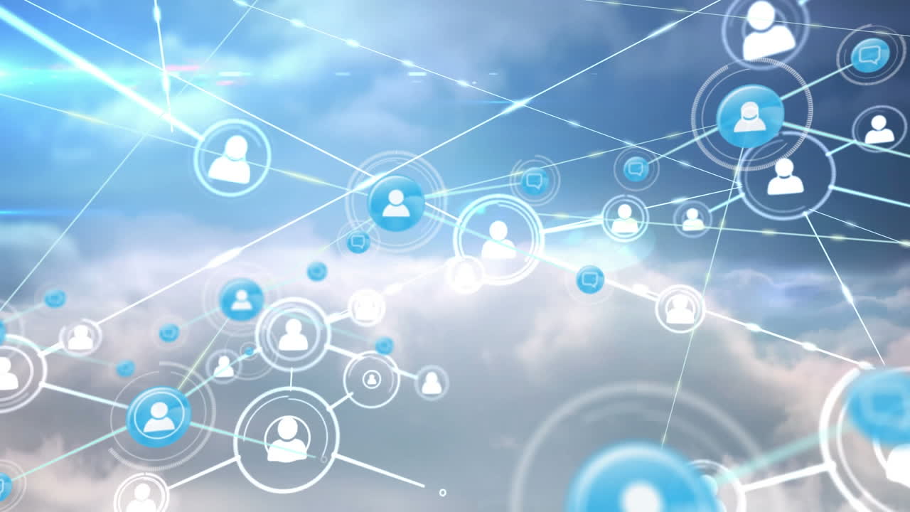 하늘 위의 아이콘으로 연결 네트워크의 애니메이션