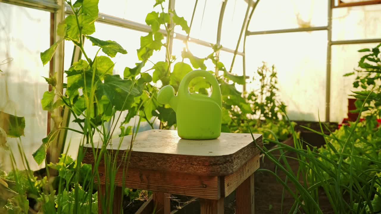 Slow motion pan right in greenhouse shows glowing watering can in sunset light