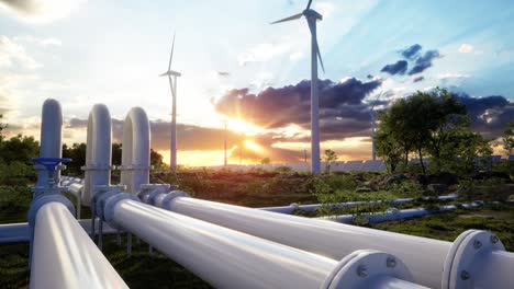 hydrogen pipeline and wind turbines. photovoltaic panels enhance clean energy generation. sunset