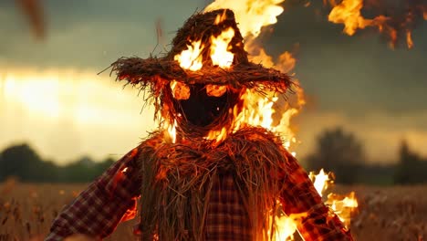 a scarecrow in a field of corn with a fire in his mouth