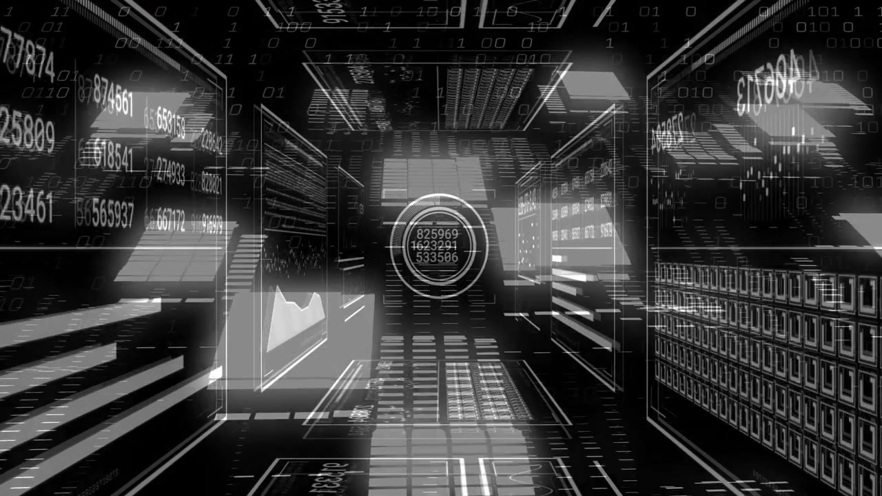 Dark data tunnel opening starting forward movement while panels updating and visualizing data flow