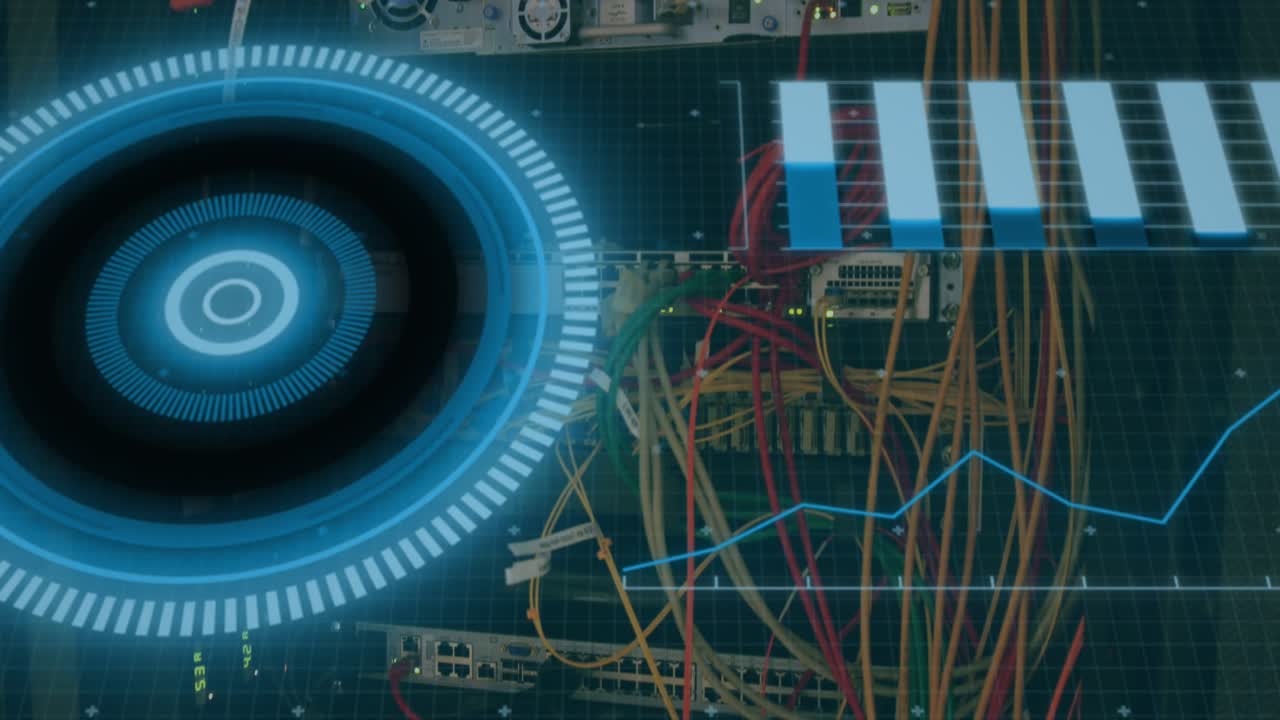 Animation of scope scanning and data processing over cables in computer server in background