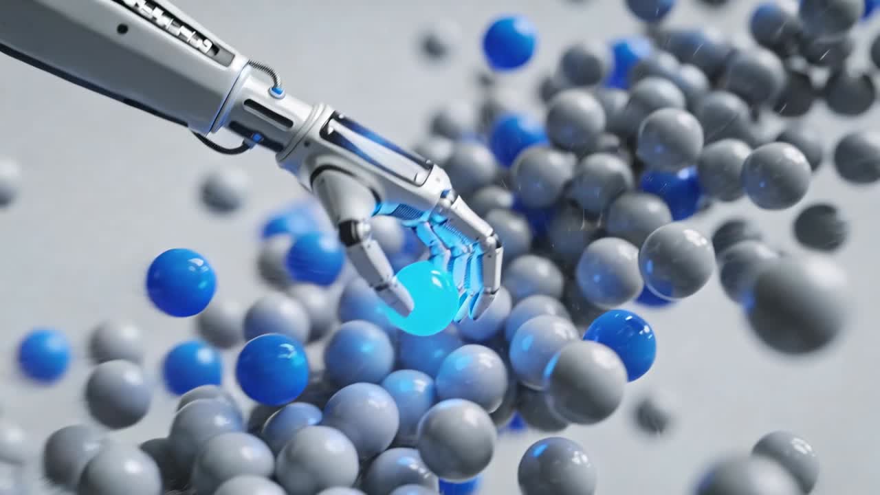 Un braccio robotico entra da sinistra, attraversa una nuvola di sfere grigie, presentando una sfera ciano, un pannello blu e spazio per il testo.