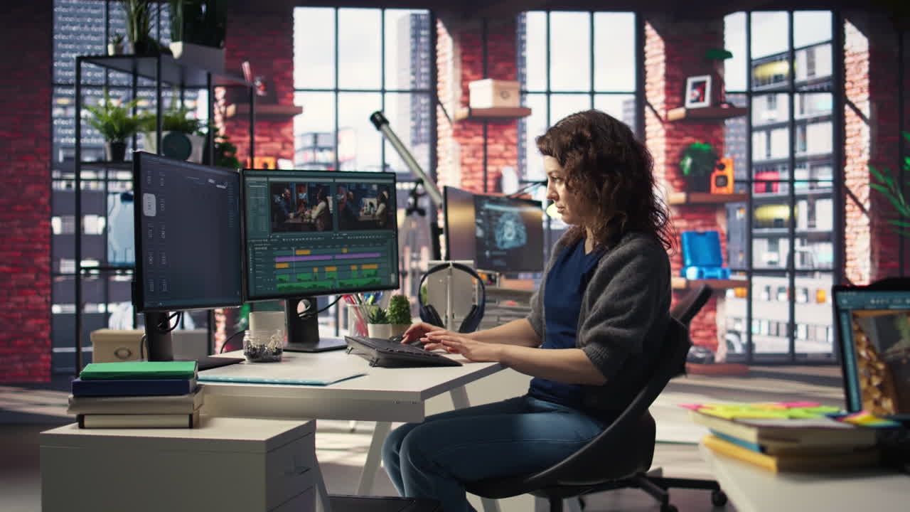 Filmmaker working on media post production from agency office