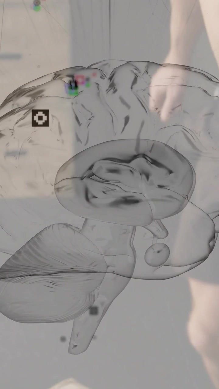 Vertical video: Man reaching as dim brain overlay appearing, revealing face, for medical use
