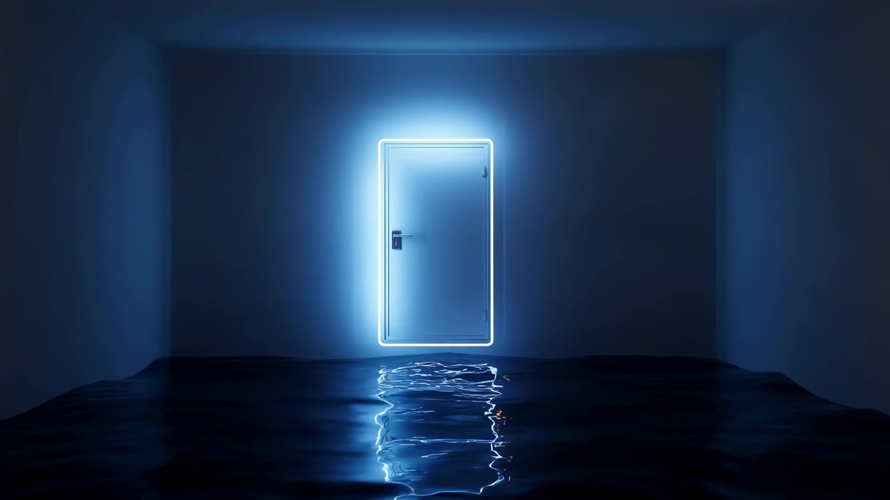 Cold blue light surrounds a closed door on the far wall, while its luminous outline casts a wavering reflection over the dark glossy floor in a symmetrical interior view.