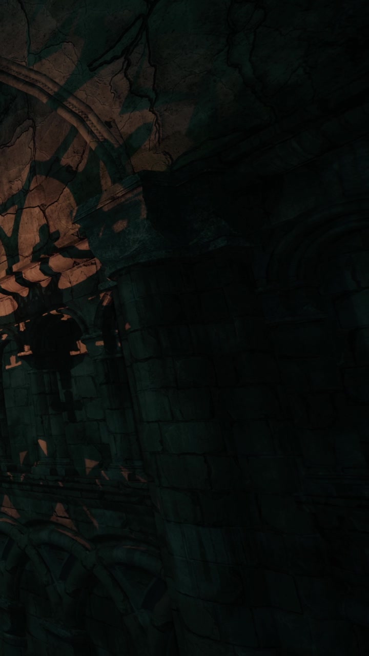 Old stone wall with interesting light patterns in a dark setting
