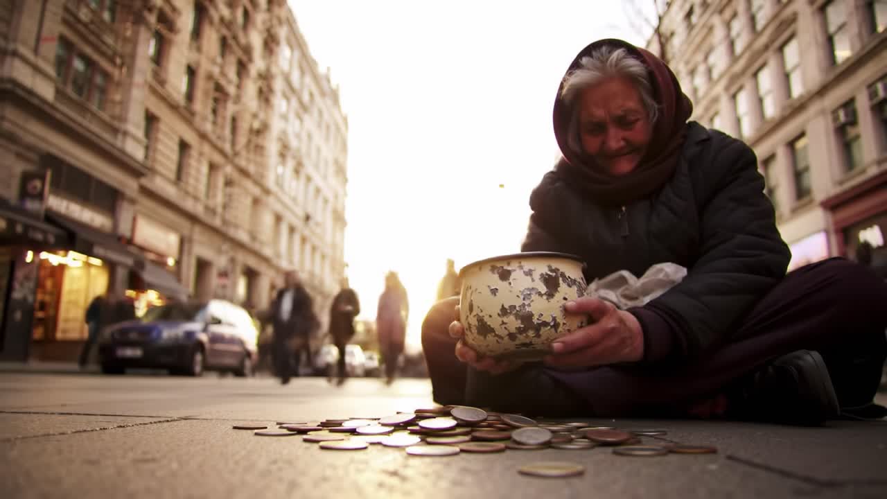 A woman sits on the street during the evening, gathering coins in a bowl as people walk by. The sunset creates a warm ambiance, highlighting the contrast of the bustling life around her.