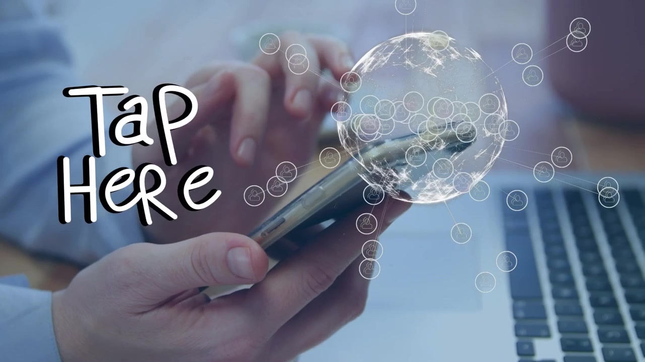 Animation of tap here, globe of connections over caucasian businessman using smartphone and laptop