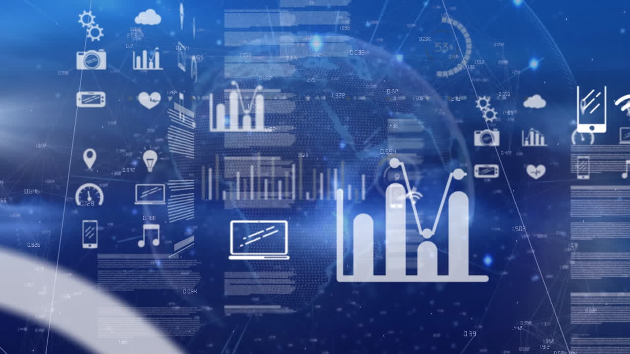 animación del globo con iconos y conexiones a través del procesamiento de datos