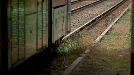 train carriages on tracks surrounded by greenery, side view, daytime, slow-motion