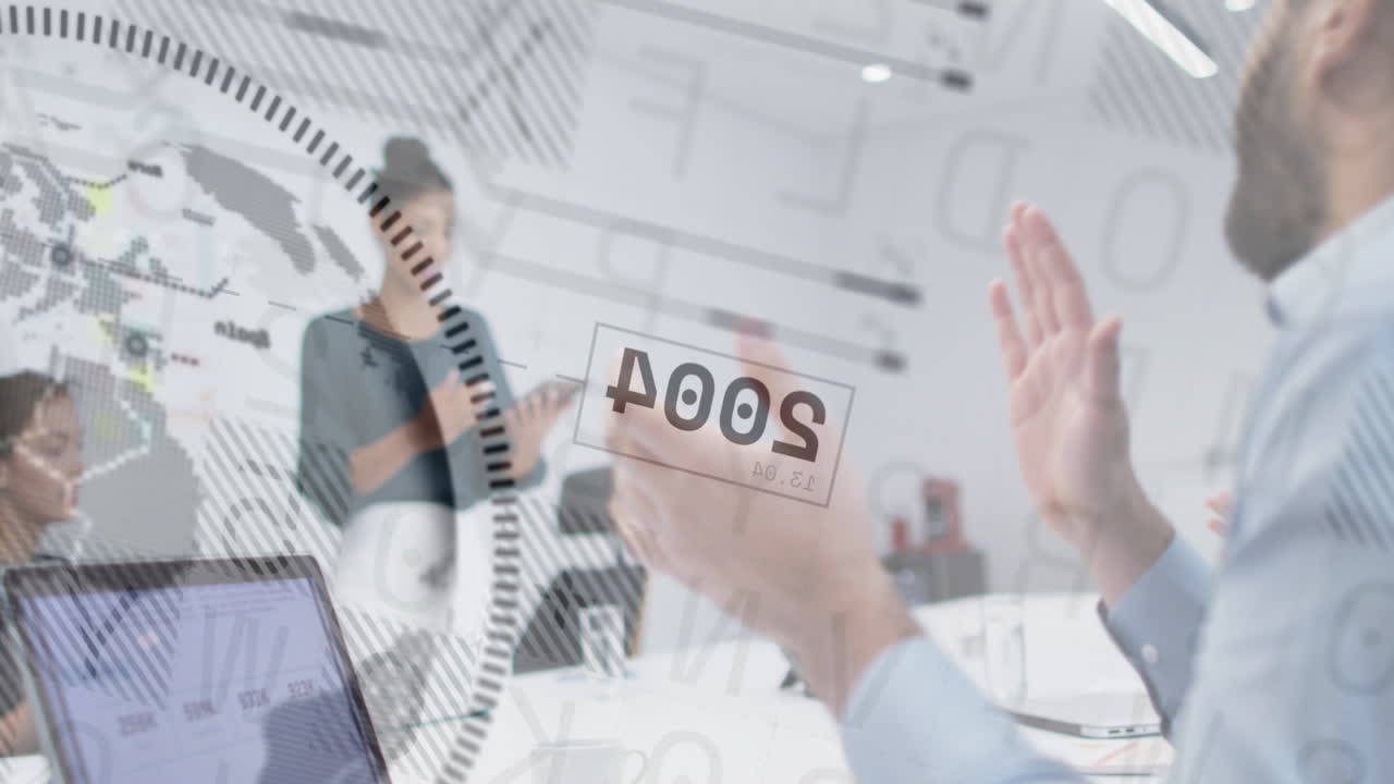 금융 데이터 처리의 애니메이션과 사무실에서 다양한 사업 사람들에 대한 세계