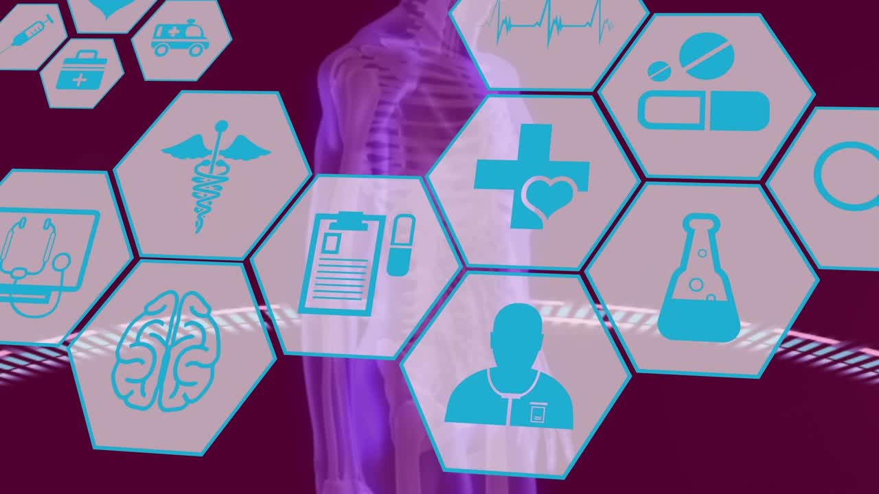 Animación de múltiples iconos médicos sobre un modelo de cuerpo humano giratorio contra un fondo morado.