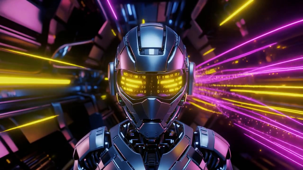 Robot futuristico in piedi in un tunnel di dati al neon ad alta velocità